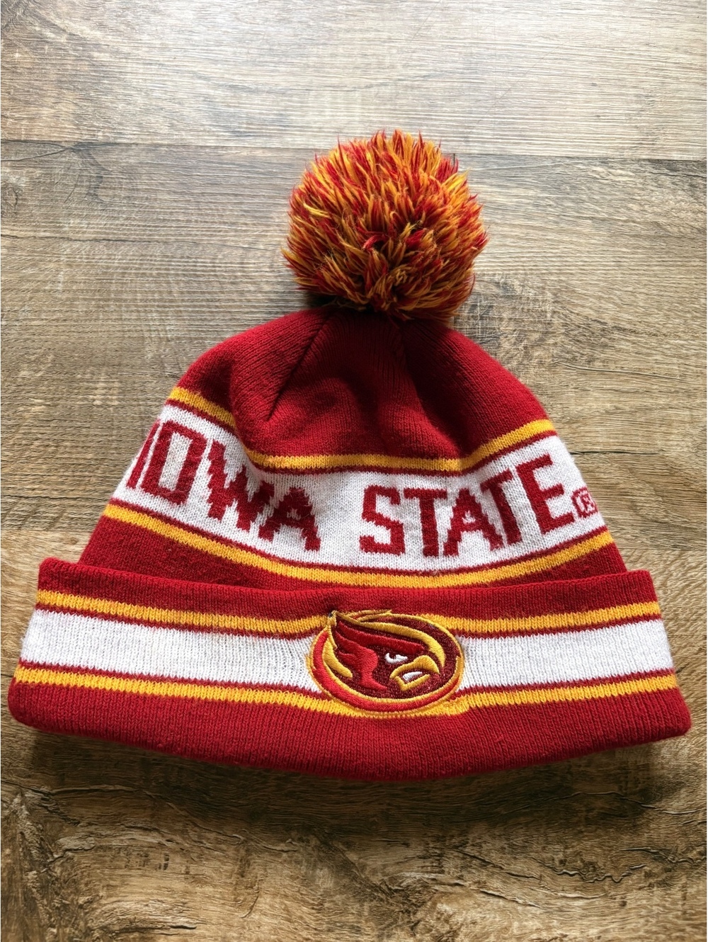 Iowa State Cyclones Pom Pom Beanie Hat - Red Gold and White